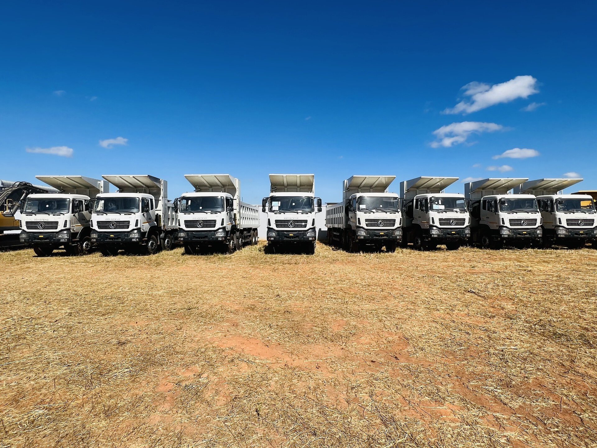 A large stock of rugged Dongfeng tipper trucks available for logistics and construction projects across Africa