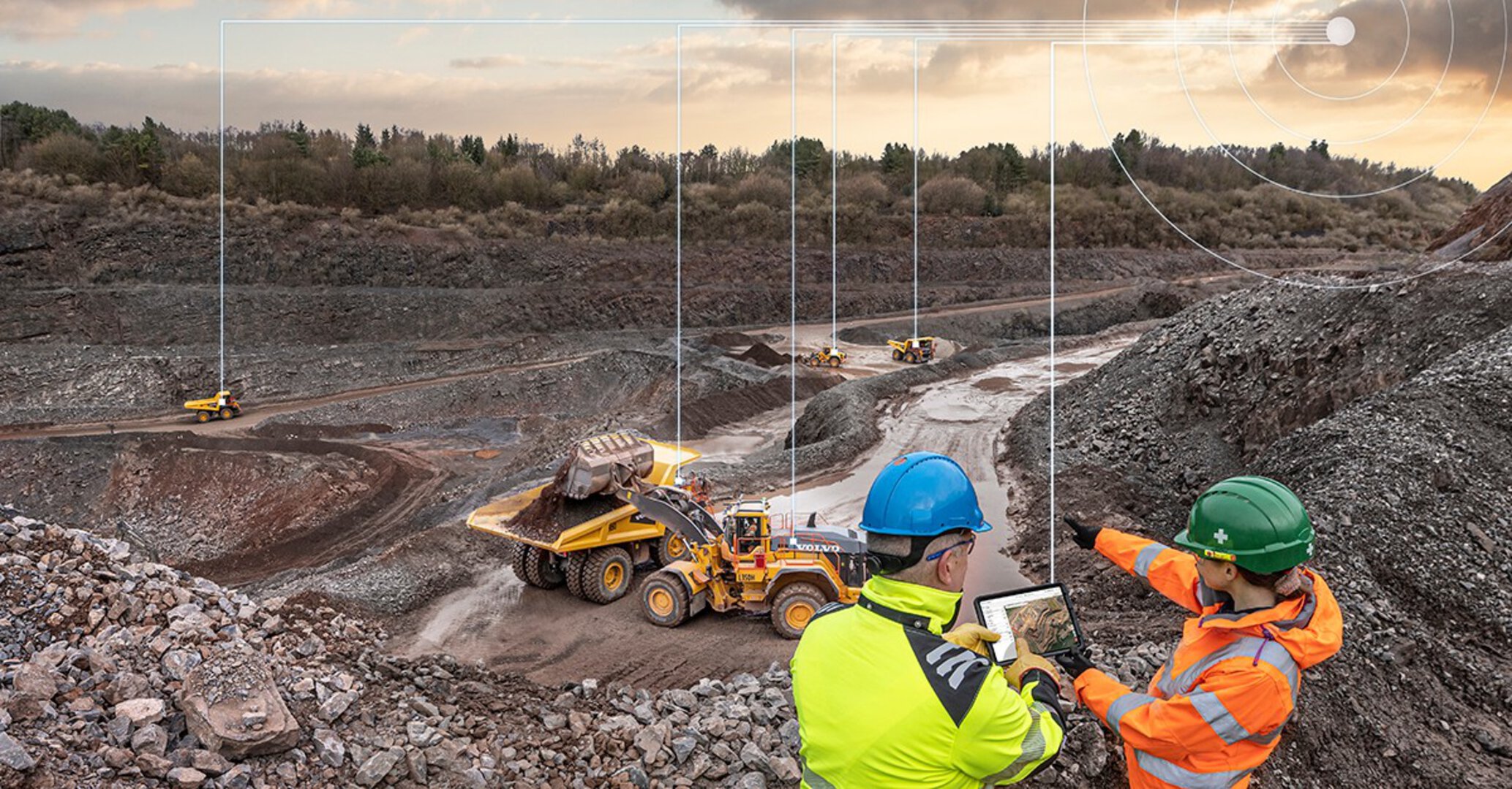 Une interface numérique présentant les opérations de chantier connectées et des outils de gestion stratégique pour optimiser la productivité des projets