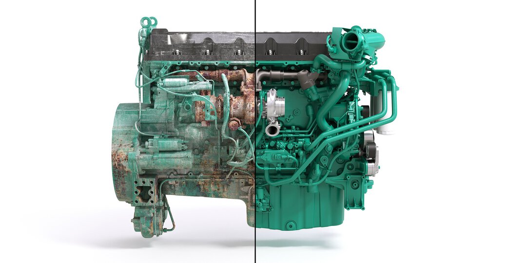 Comparaison visuelle entre un moteur usé et un moteur d'origine reconditionné, illustrant une solution rentable et durable pour restaurer les performances de la machine