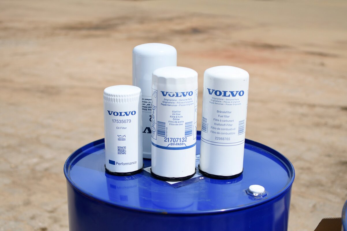 Genuine Volvo high-efficiency filters designed to trap contaminants and protect heavy machinery engines in abrasive African environments.