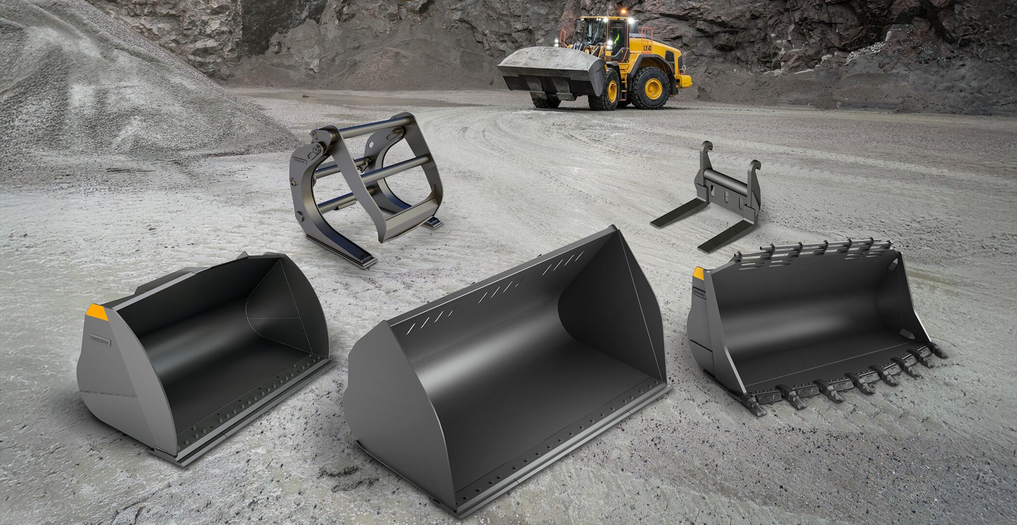 Premium wheel loader attachments showcasing ultimate versatility for log handling, logistics, and heavy material movement.